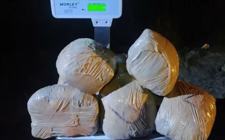 Algunos de los 8 paquetes con marihuana prensada detectados en un colectivo de media distancia en Orán.