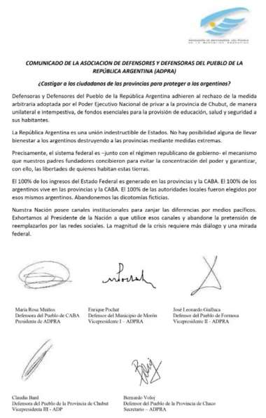 El comunicado oficial de los defensores del pueblo
